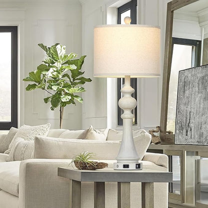 28" Farmhouse Table Lamp with USB A+C Fast Ports & AC Outlets, Vintage Rustic 3-Way Dimmable Touch Control Table Lamp, Rustic Traditional Bedside Nightstand Lamp for Living Room Bedroom White
