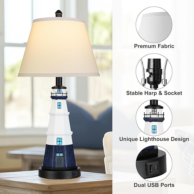 WIHTU Modern Lighthouse Table Lamps Set of 2, White Navy Blue Bedside Nautical Table Lamp, Nautical Style Resin Reading Lights for Bedroom Livingroom, Bulbs Included
