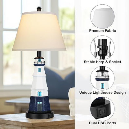 WIHTU Modern Lighthouse Table Lamps Set of 2, White Navy Blue Bedside Nautical Table Lamp, Nautical Style Resin Reading Lights for Bedroom Livingroom, Bulbs Included