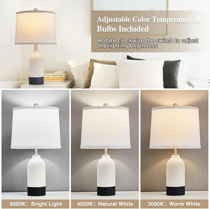 Modern Ceramic Table Lamp Set of 2, Adjustable Color Temperature Bedside Lamps for Night Stands with Fabric Drum Shade, Nightstand Lamps for Bedroom, Living Room, Desk, Includes 2 Bulbs (21.4")
