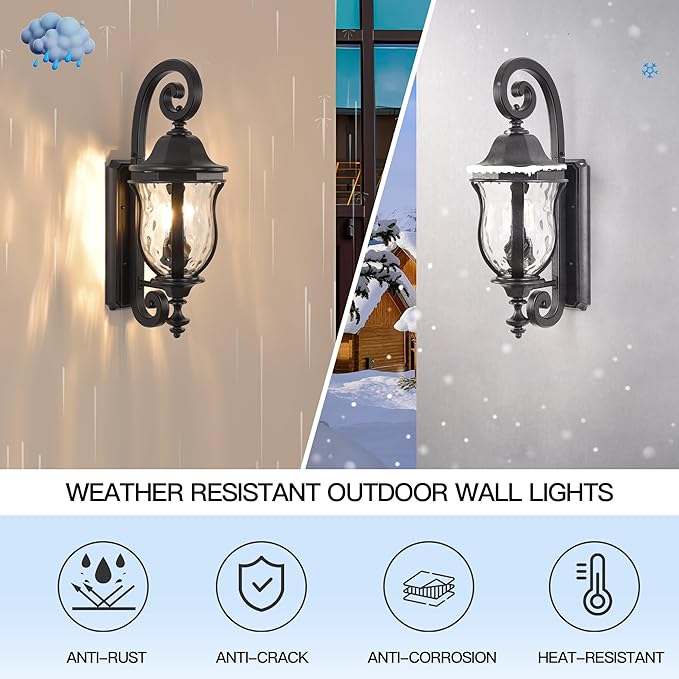 Black Exterior Wall Sconces, 28" H Large Outdoor Wall Light Fixtures with Water Glass, Waterproof Outdoor Lights Wall Mount with Decorative Patterns for Porch, Front Door
