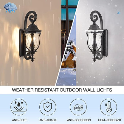 Black Exterior Wall Sconces, 28" H Large Outdoor Wall Light Fixtures with Water Glass, Waterproof Outdoor Lights Wall Mount with Decorative Patterns for Porch, Front Door