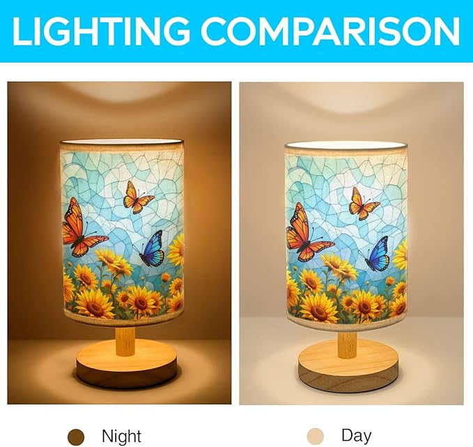 Butterfly Table Lamp LED 3-Color Pressed Bedside, Butterfly Shade Lamp with Wood Base for Bedroom Living Room Desk Office TL01