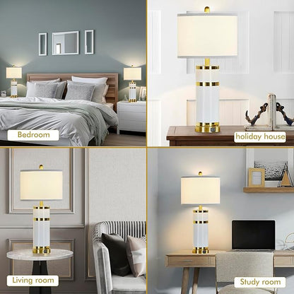 Ceramic White Gold-Plated Decorative 28" Table Lamps Set of 2 with E26 Socket&Rotary Switch,USB A+C Ports,Modern Bedside Lamps for Nightstand,Bedroom,Living Room,Decoration,Office(Bulbs in)