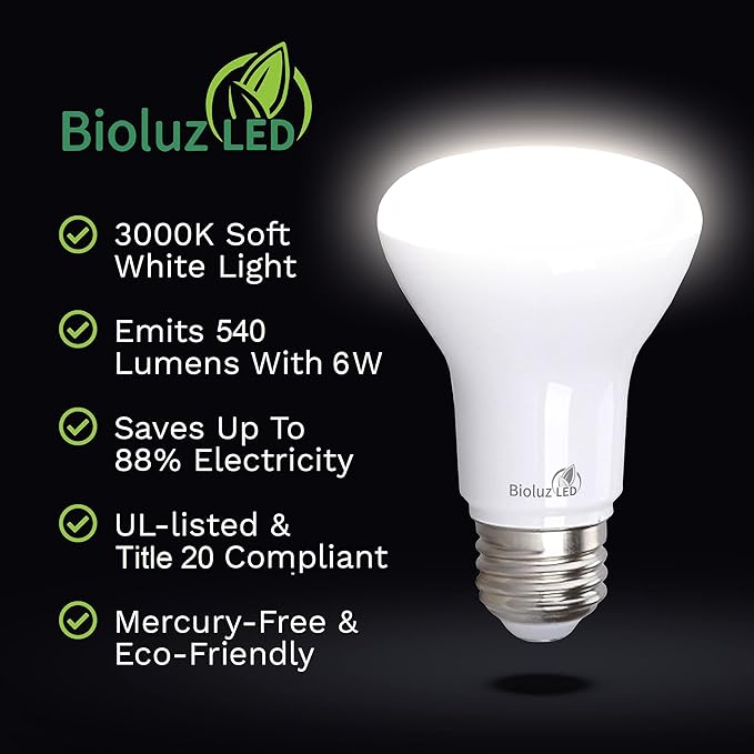 Bioluz LED 4 Pack BR20 LED Bulb 3000K Bright Soft White 6W=50W, 90 CRI, 540 Lumen, Dimmable LED Light Bulbs, Soft White Light Bulbs, Indoor/Outdoor Flood Light Bulbs, UL Listed & Title 20 Compliant