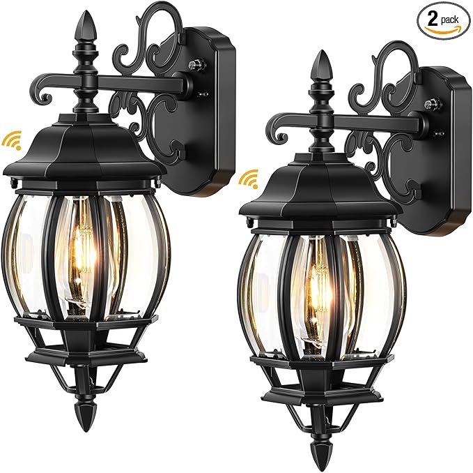 VIANIS Dusk to Dawn Outdoor Lighting Fixture for House, Black Exterior Wall Light Wall Mount Sconce with Tempered Glass, Modern Front Porch Light Lantern for Patio, Anti-Rust Coach Lights for Garage