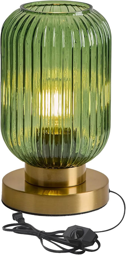 Bedside Table Lamp with Green Glass Shade, Small Nightlight Lamp Elegant Glass Nightstand Lamps Modern Desk Light with Plug-in Style for Bedroom Living Room Tabletop Dia5.9"x H9.8"