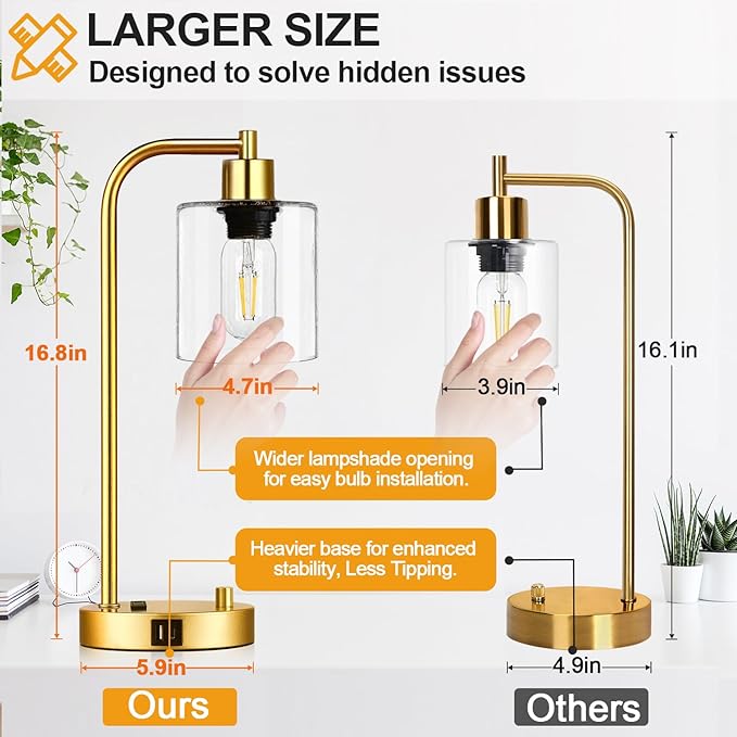 Lynnoland Set of 2 Industrial Table Lamps with USB Port, Gold Fully Stepless Dimmable Bedside Lamps for bedrooms, Nightstand Desk Lamp with Clear Glass Shade for Reading Living Room Office 2 LED Bulb