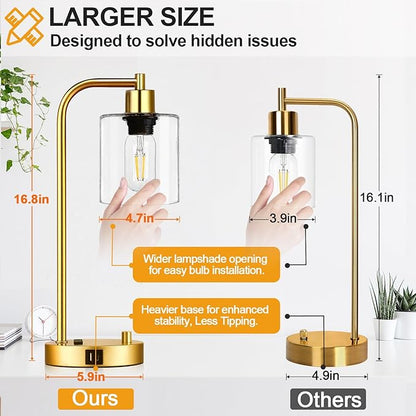 Lynnoland Set of 2 Industrial Table Lamps with USB Port, Gold Fully Stepless Dimmable Bedside Lamps for bedrooms, Nightstand Desk Lamp with Clear Glass Shade for Reading Living Room Office 2 LED Bulb