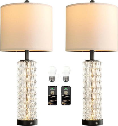 Oneach 27.75” Table Lamps Set of 2, Black Modern Bedside Lamp with LED Night Light, USB A+C, Glass Lamps for Living Room, Bedroom, Nightstand, Office, End Table (2 Bulbs Included)