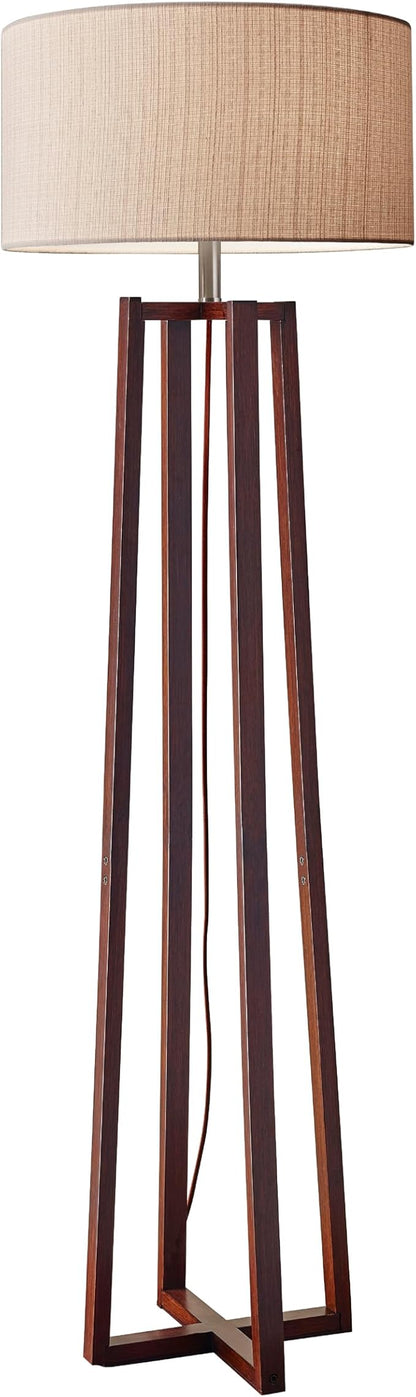 Adesso Floor Lamp with Walnut Birch Wood & Natural Linen Lampshade - 3-Way Adjustable Brightness, Lamp for Bedroom, Living Room, and House Décor, 60” x 19”