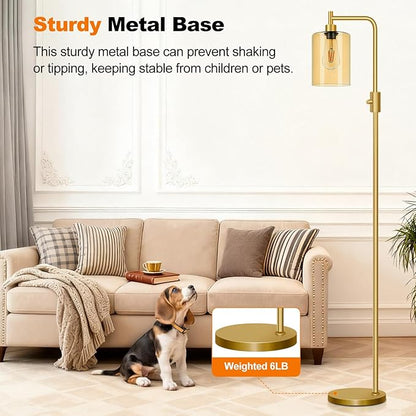 【Upgraded】Gold Dimmable Floor Lamp for Living Room with Amber Glass Lampshade, Glass Modern Floor Lamp with 900LM Bulb Included, Bright Standing Tall Lamp for Bedroom, Office, Reading Room, Corner