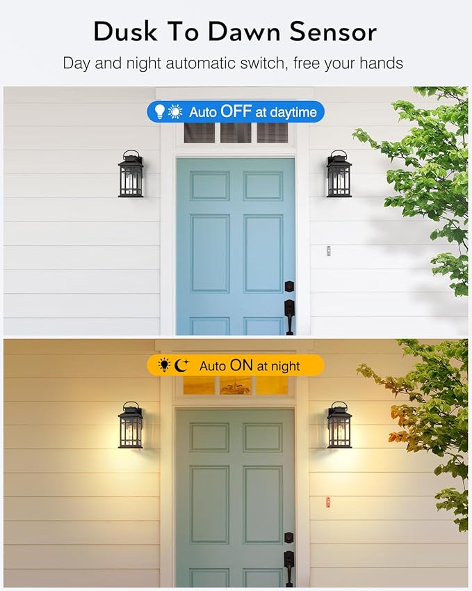Dusk to Dawn Outdoor Lighting, Black 2 Pack Outside Lights for House with Gold Trim, Modern Exterior Light Fixtures, Outdoor Wall Lanterns for Porch, Garage, Doorway, Anti-Rust, Waterproof
