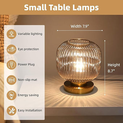 Bedside Table Lamp with Glass Shade, Small Nightlight Lamp Elegant Nightstand Lamp Modern Desk Lamp with Plug-in Style for Bedroom Living Room Tabletop,Smoky Gray, Dia7.9"x H8.7"