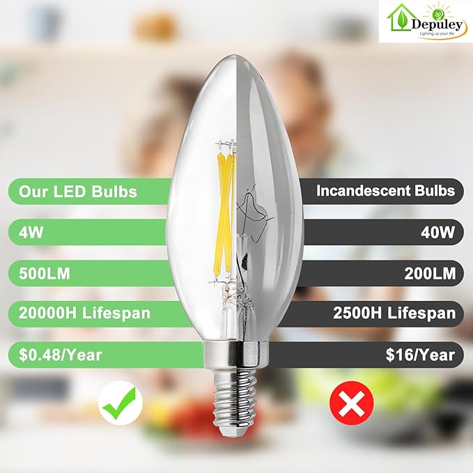 Depuley LED Light Bulbs E12: Candelabra Candle Light Bulb 4W Equivalent 40W Incandescent - LED Chandelier Light Bulbs 5000K Daylight - C35 Clear Filament Bulb E12 Base 500 LM 90+ CRI 6 Pack