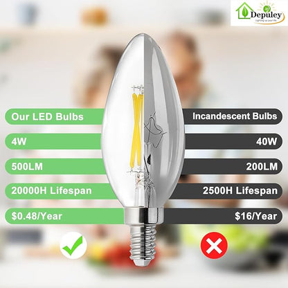 Depuley LED Light Bulbs E12: Candelabra Candle Light Bulb 4W Equivalent 40W Incandescent - LED Chandelier Light Bulbs 5000K Daylight - C35 Clear Filament Bulb E12 Base 500 LM 90+ CRI 24 Pack