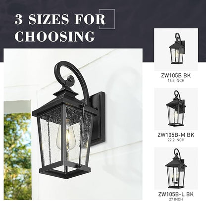zeyu 2 Pack Outdoor Wall Lights, 16 Inch Exterior Lighting Fixtures for Front Door, Die-Cast Aluminum in Black Finish, Waterproof Seeded Glass, ZW105B-2PK BK