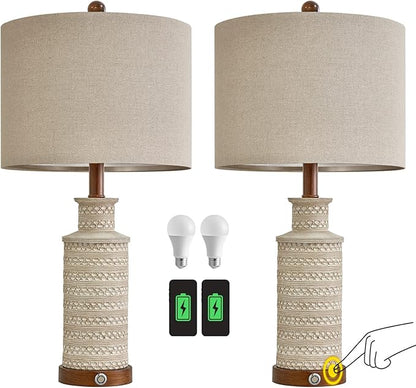 BOBOMOMO 24.5'' 3-Way Dimmable Touch Control Table Lamp Set of 2 with Dual USB Charging Ports for Bedroom Living Room Vintage Rustic Farmhouse Traditional Nightstand Bedside Lamps(Bulbs Included)