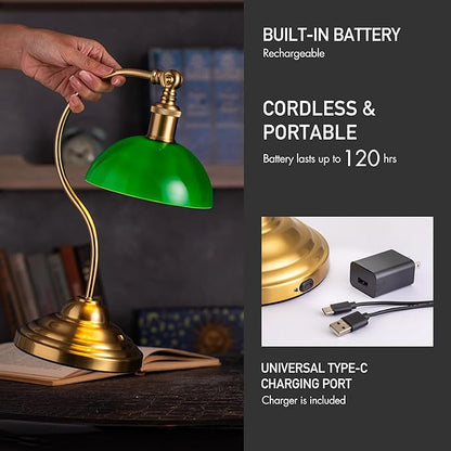 O'Bright Bankers - Cordless LED Table Lamp, Battery-Operated, Rechargeable, 3-Level Dimming, Universal USB-C Charging, 180° Swivel Head, Classic Green Glass Shade, Antique Brass