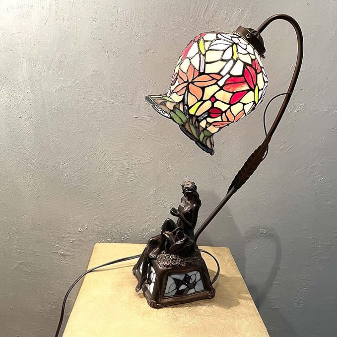 Bieye L10624 Lily Flower Tiffany Style Stained Glass Table Lamp with Girl Lamp Base for Living Room Bedside Home Decoration, 20 inches Tall