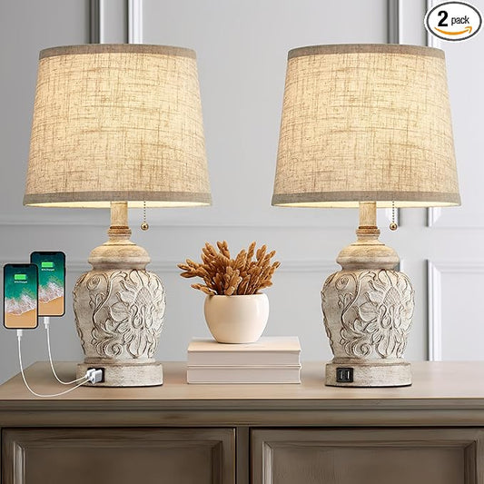 19.5" Vintage Rustic Table Lamp Set of 2 Farmhouse Table Lamps for Living Room Bedroom Decor with USB Ports Traditional Carved Floral White Bedside Night Light Lamps with Pull Chain Switch