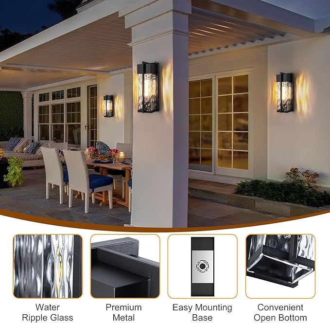 18IN Modern Exterior Lighting Fixtures(T300 Bulb Included), Dusk to Dawn Outdoor Lighting Waterproof Rippled Glass Wall Sconces, Open Bottom Outside Lights for House, Porch, Garage