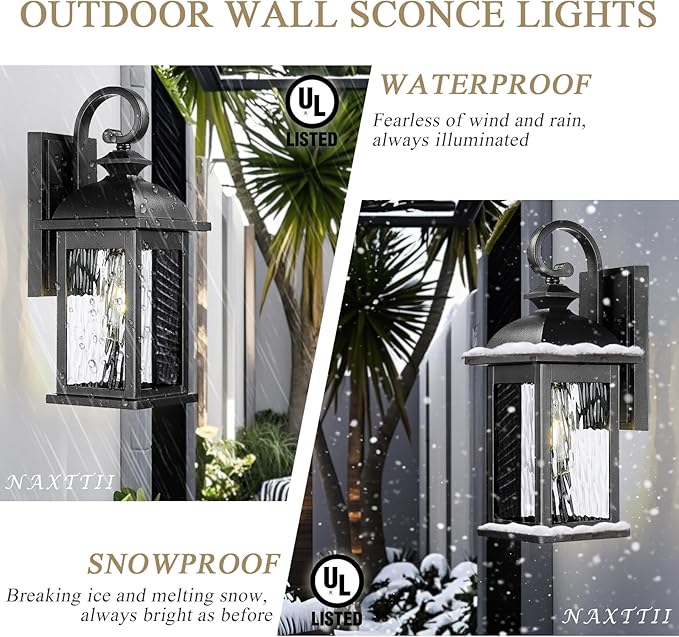 Outdoor Wall Lights 15 Inch Waterproof Porch Lights Outdoor Matte Black Outside Light Fixtures for House with Water Ripple Glass E26 Socket 2 Pack