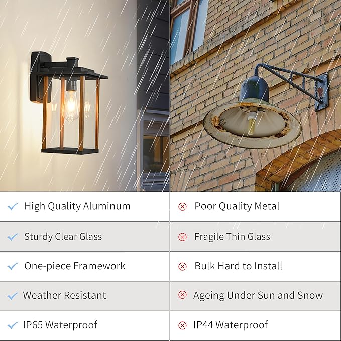 Outdoor Wall Sconce, Large Exterior Wall Lighting, LED Outdoor Porch Wall Light Fixtures with Clear Glass for Outside, Garge, Patio, Wood Grain Finish & Matte Black Finish
