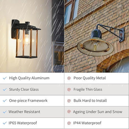 Outdoor Wall Sconce, Large Exterior Wall Lighting, LED Outdoor Porch Wall Light Fixtures with Clear Glass for Outside, Garge, Patio, Wood Grain Finish & Matte Black Finish