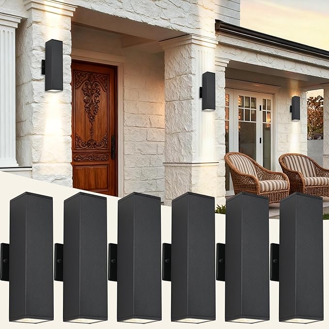 Modern Exterior Lighting Fixtures, Black Outdoor Wall Light Fixtures, 14 in Up and Down Front Porch Light,Square Outdoor Lights for House,Garage Include 12 * 7W Led GU10 Bulbs Aluminum 6PCS