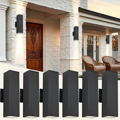 Modern Exterior Lighting Fixtures, Black Outdoor Wall Light Fixtures, 14 in Up and Down Front Porch Light,Square Outdoor Lights for House,Garage Include 12 * 7W Led GU10 Bulbs Aluminum 6PCS