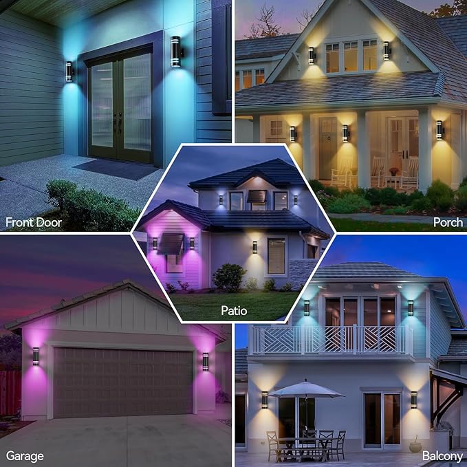 Smart Outdoor Wall Lights 2 Pack, Cylinder Black Exterior Lighting Fixtures Dusk to Dawn Outdoor Lighting, Aluminum Color Changing Porch Lights, Ambiance Sconce Control with App and Voice