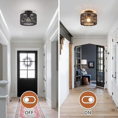 Rattan Ceiling Light, 1 Light Farmhouse Woven Flush Mount Ceiling Light, Boho Light Fixture for Bedroom Living Room Hallway Entryway, Black Finish