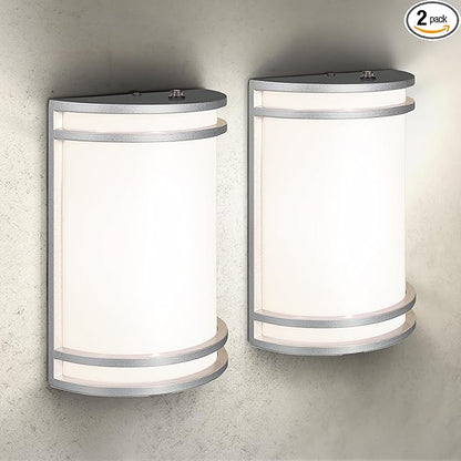 ASD 10 Inch LED Dusk to Dawn Outdoor Wall Mount Light Fixture - Brushed Nickel Modern Wall Sconce Lighting with Photocell - 120-277V 15W 3000/4000/5000K Adjustable - Front Door & Patio, ETL 2 Pack