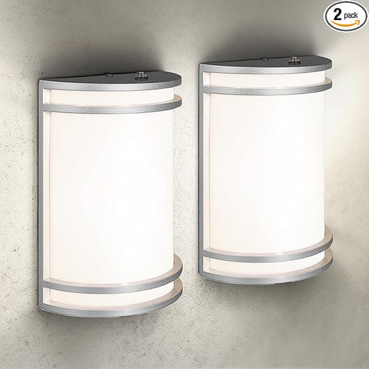 ASD 10 Inch LED Dusk to Dawn Outdoor Wall Mount Light Fixture - Brushed Nickel Modern Wall Sconce Lighting with Photocell - 120-277V 15W 3000/4000/5000K Adjustable - Front Door & Patio, ETL 2 Pack