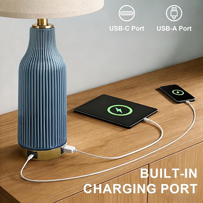 24.5" Modern 3-Way Dimmable Touch Control with USB A+C Ceramic Lamps Set of 2 Table Lamp for Living Room Bedroom Farmhouse Nightstand Bedside Blue