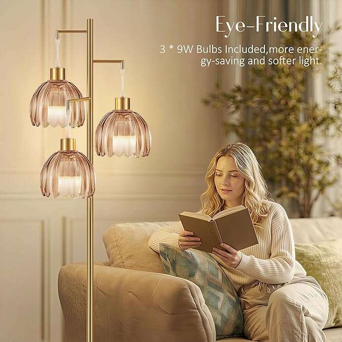 COTTHOS Floor Lamp for Living Room, Modern Standing Lamp Brass Glass Green Tree 3 Light Tall Floor Lamps for Bedroom & 800 Lumens LED Bulbs, Vintage Boho Flower Lamp Shade Farmhouse Boho Bohemian Gold