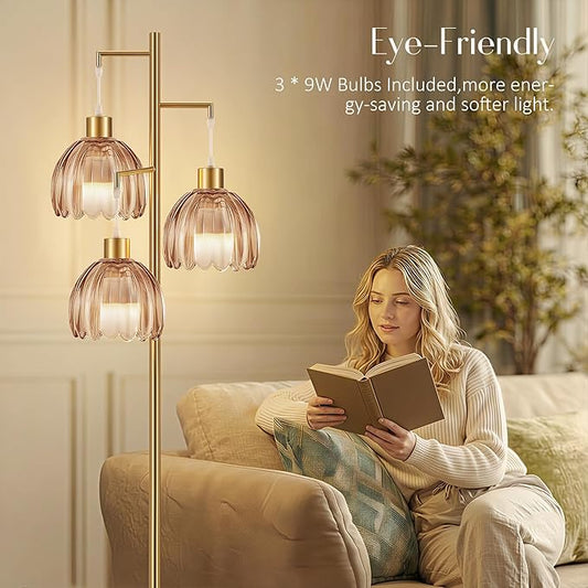 COTTHOS Floor Lamp for Living Room, Modern Standing Lamp Brass Glass Green Tree 3 Light Tall Floor Lamps for Bedroom & 800 Lumens LED Bulbs, Vintage Boho Flower Lamp Shade Farmhouse Boho Bohemian Gold
