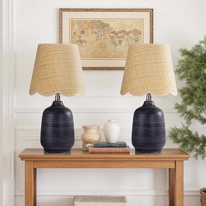 19" Boho Ceramic Table Lamp Set of 2, Handmade Ceramic Base with Rattan Shade, Farmhouse Plug-in Bedside Nightstand Lamps for Bedroom, Living Room, E26 Socket, Black with White Striped