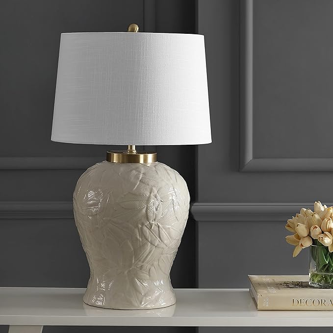 JONATHAN Y JYL6617A 31.5" Bohemian Palm Leaf Ceramic Table Lamp, Cream Cottage Bedside Lamp for Living Room, Bedroom Nightstand, Coastal End Table Lamp with White Linen Shade, LED Bulb Included