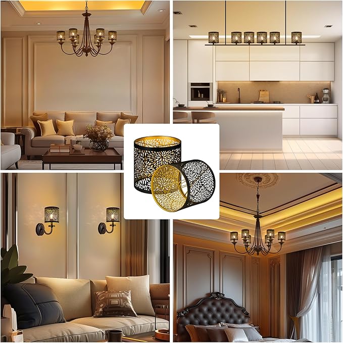 ALUCSET 6pcs Small Lamp Shades, Chandelier Shades Clip on Bulb, 5.1 x 5.1in Metal Lamp Shades Replacement, Mini Cylinder Lampshade, Black Gold Clip on Lamp Shade for Pendant Light Wall Sconces