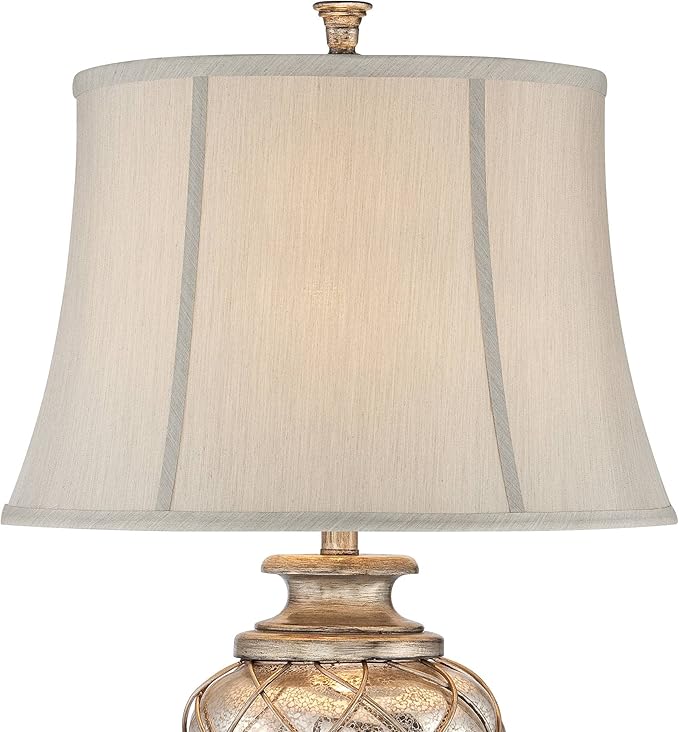 Barnes and Ivy Luke Traditional Vintage Table Lamp with Riser Nightlight LED 35.25" Tall Mercury Glass Off-White Fabric Bell Shade Living Room Bedroom House Bedside Nightstand Home Office