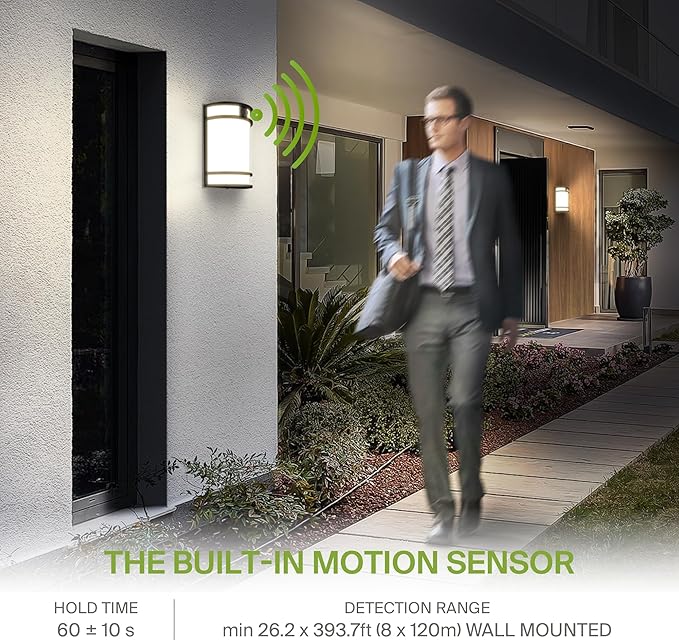 ASD 10 Inch LED Outdoor & Indoor Wall Mount Light Fixture with Motion Sensor - Black Wall Sconce Lighting - 15W 120-277V 3000K 4000K 5000K Adjustable Exterior Lights - Front Door & Patio - ETL