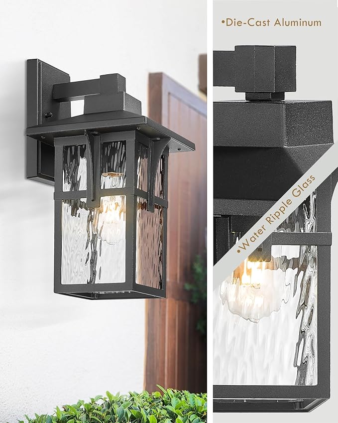 Outdoor Light Fixtures Wall Mount, HWH Outdoor Wall Lantern with Water Ripple Glass, 1-Light Porch Light in Matte Black Finish, Patio Balcony Indoor, 5HX62B-SW BK