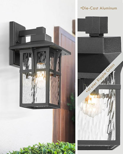 Outdoor Wall Light 2 Pack, HWH Exterior Wall Sconce Light Fixtures with Water Ripple Glass, Outside Lights for Porch, Patio, Balcony, Matte Black Finish, 5HX62B-2PK-SW BK