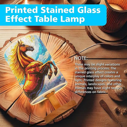 Horse Table Lamp LED 3-Color Pressed Bedside, Horse Shade Lamp with Wood Base for Bedroom Living Room Desk Office TL01