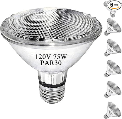 Par30 75W Short Neck Halogen Flood Light Bulbs, E26 Medium Base, 2700K Warm Lighting, 120V, Long Lasting Life High Output Reflector Flood Lights 6PCS