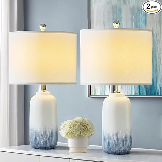 24" Blue Ceramic Table Lamps Set of 2, Modern Coastal Blue Bedside Nightstand Lamp for Living Room, 3 Way Dimmable End Table Lamps for Bedroom Office
