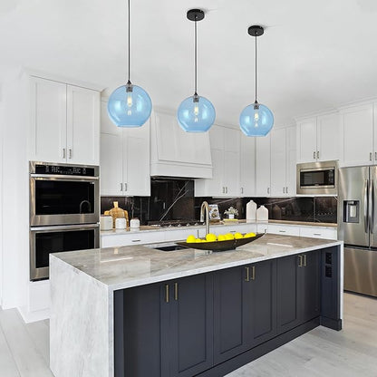 Blue Glass Pendant Lights Kitchen Island Lighting Modern Globe Pendant Light Fixtures Modern Pendant Lights for Kitchen Island Bedroom Living Dining Room Light Fixture-11.8inch