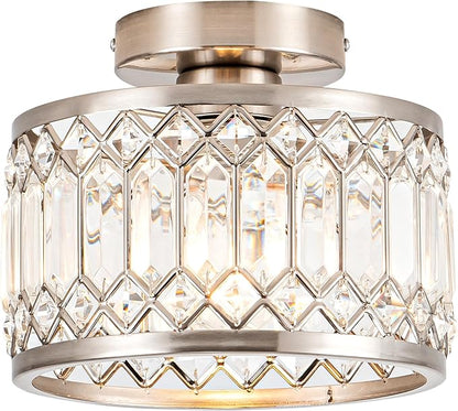 Crystal Ceiling Light Fixture, Modern Semi Flush Mount Ceiling Light,Crystal Chandelier for Kitchen Bedroom Bathroom Entryway Nickel Finish (Bulb not Included)
